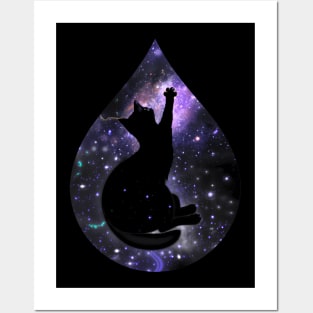 Cat reaching for the stars in a waterdrop, fantasy art Posters and Art